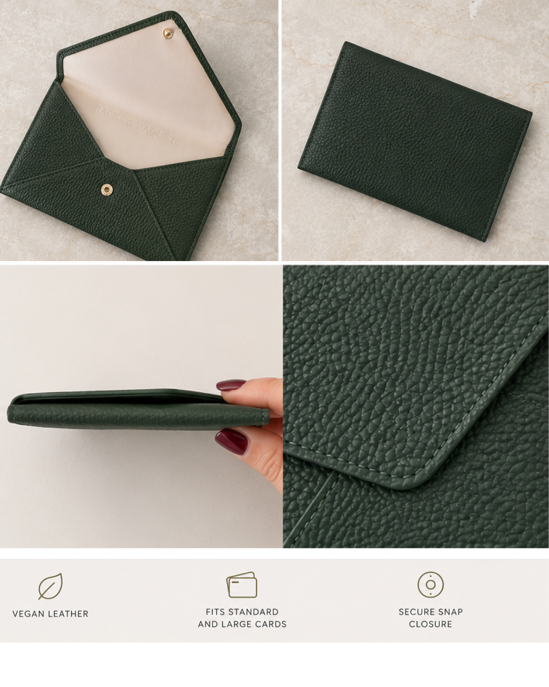 Hunter Green card holder details showing vegan leather, slim profile, and snap closure