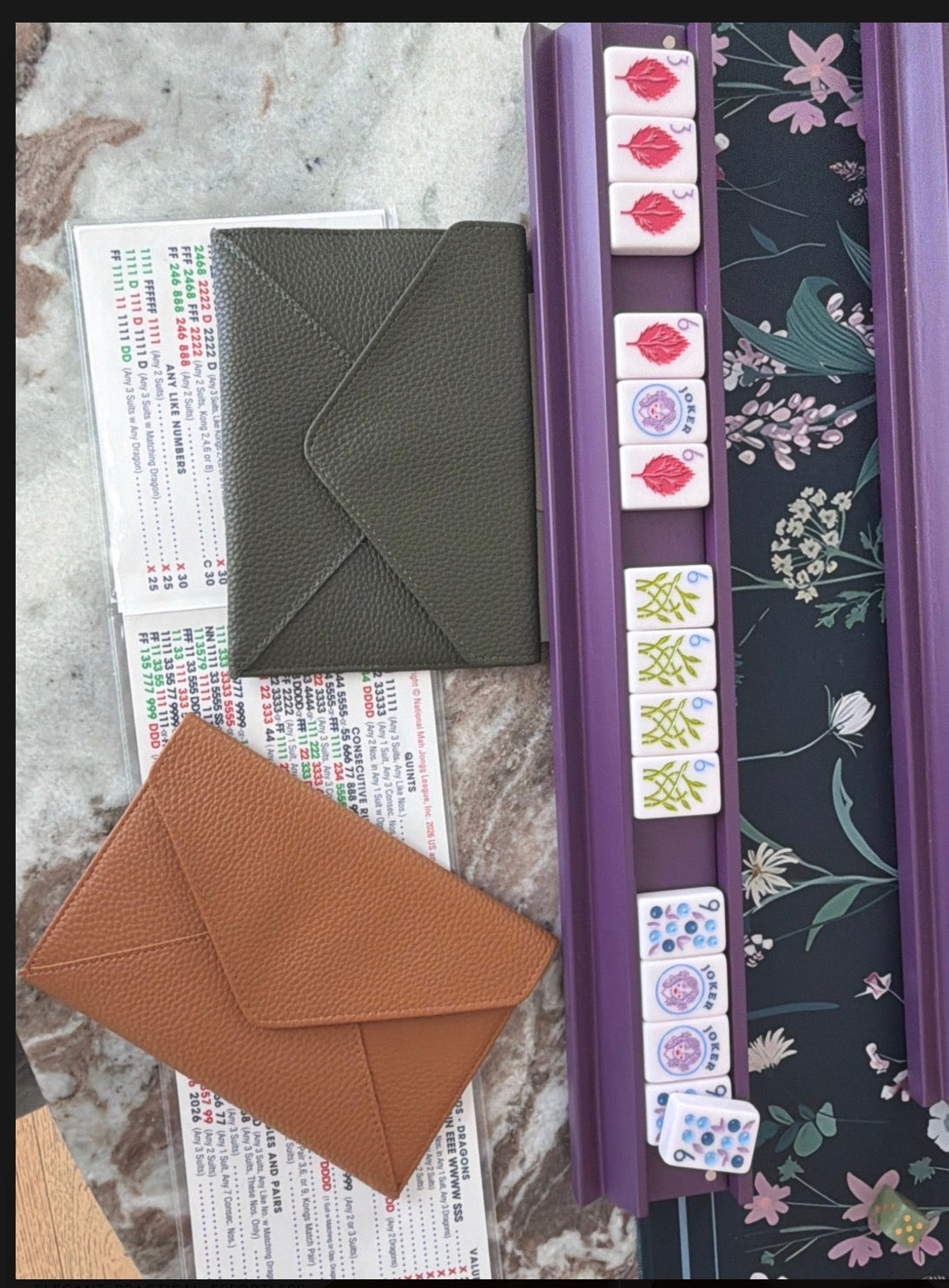 Hunter Green and Caramel Racks & Raquets card holders beside a mahjong set