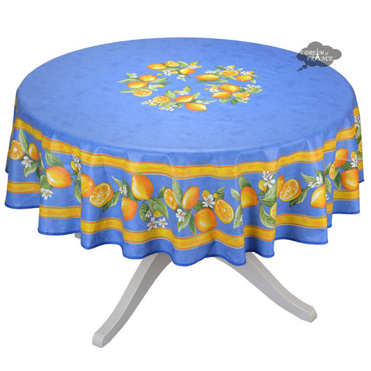 French Provencal tablecloth - Cotton, natural or acrylic-coated - 70" round - Lemon blue| Tissus Toselli
